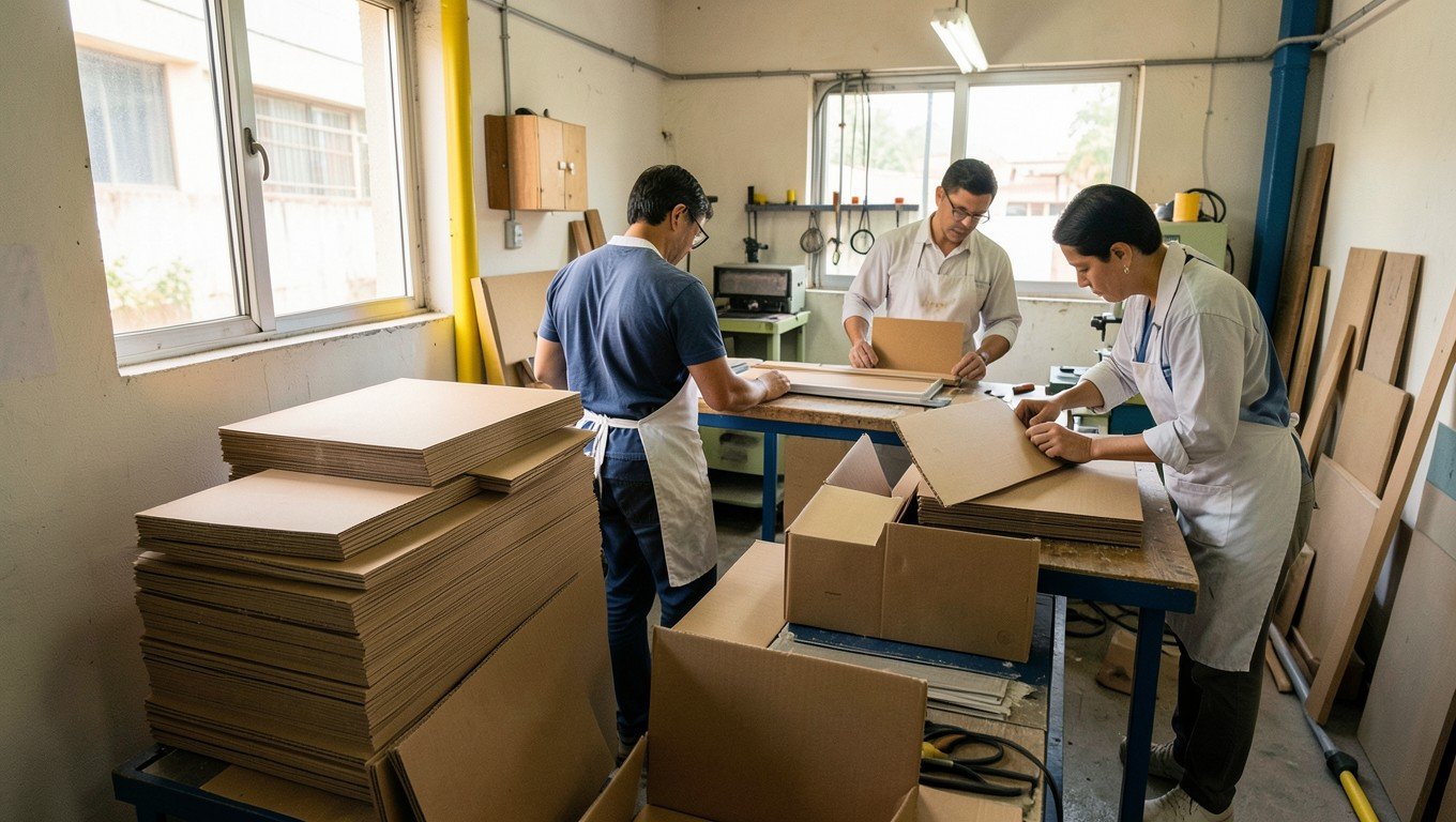 Equipo trabajando con cartón corrugado en un taller